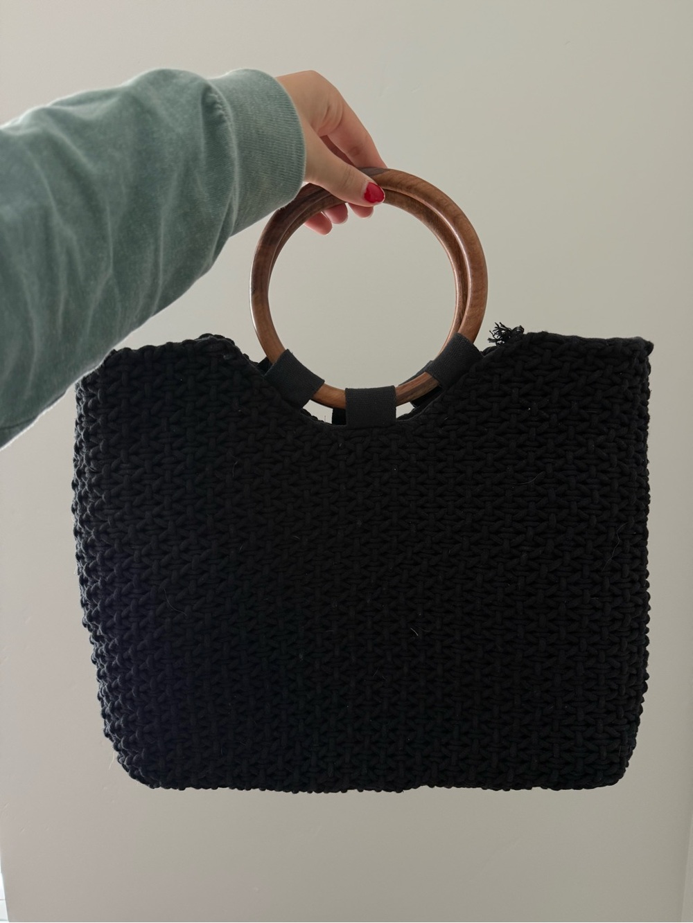 Circus by Sam Edelman Black Woven Tote with Wooden Ring Handles